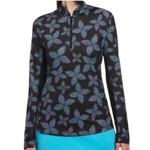 NWT Ben Hogan Medium Women Floral Print Long Sleeve 1/4 Zip Blade‎ Collar Polo